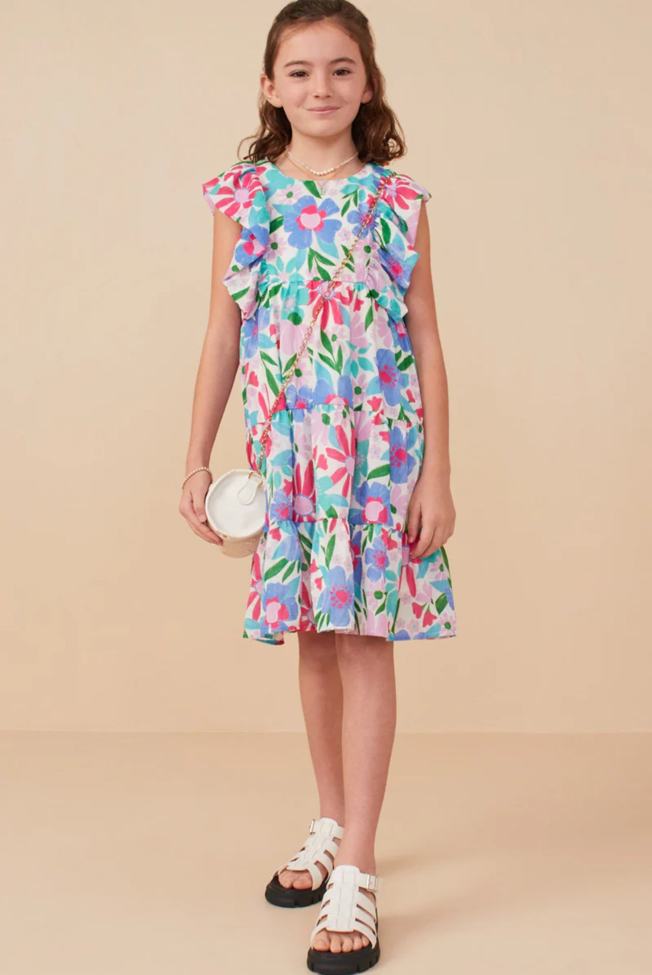 Girls Textured Floral Ruffle Sleeved Dress
