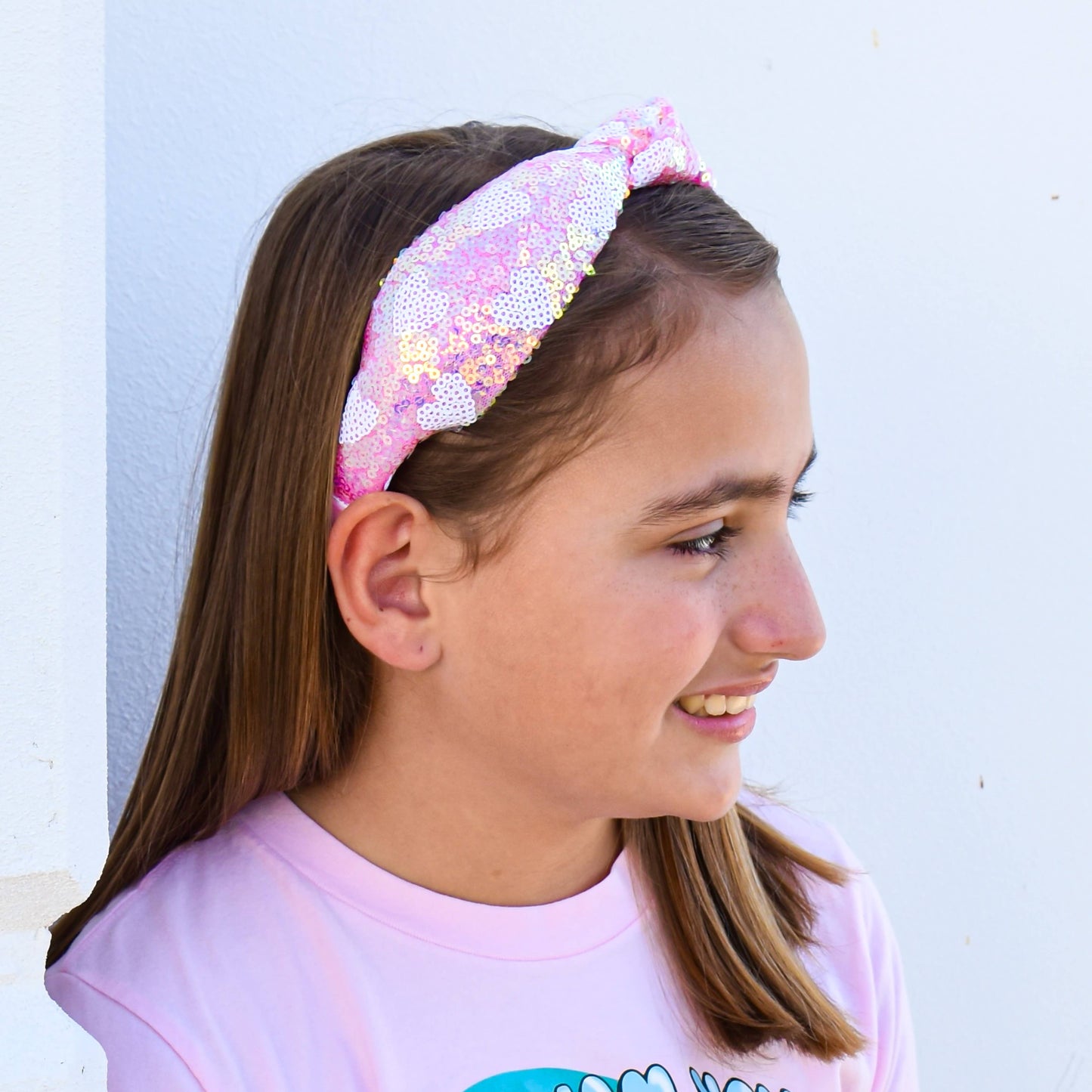 Kids Knot Headband - Pink Sequin Heart Valentine's Day - Ethan and Emily