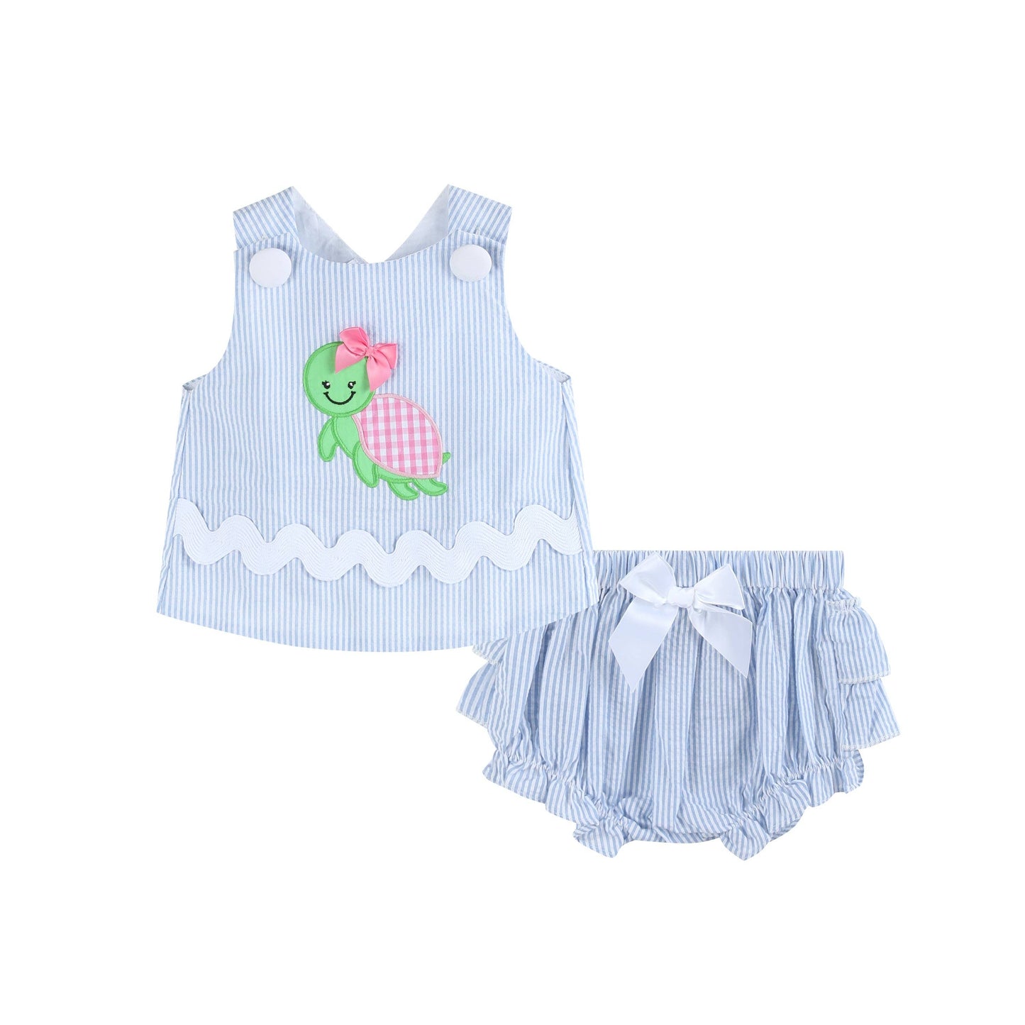 Light Blue Seersucker Turtle 2pc Bloomer Set - Ethan and Emily