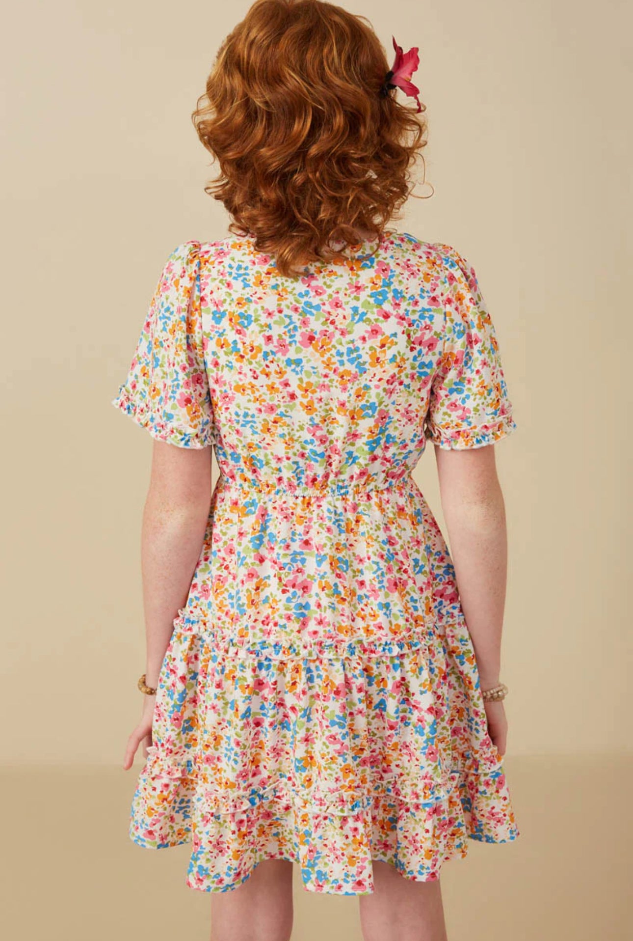 Girls Ditsy Floral Ruffle Tiered Button Dress