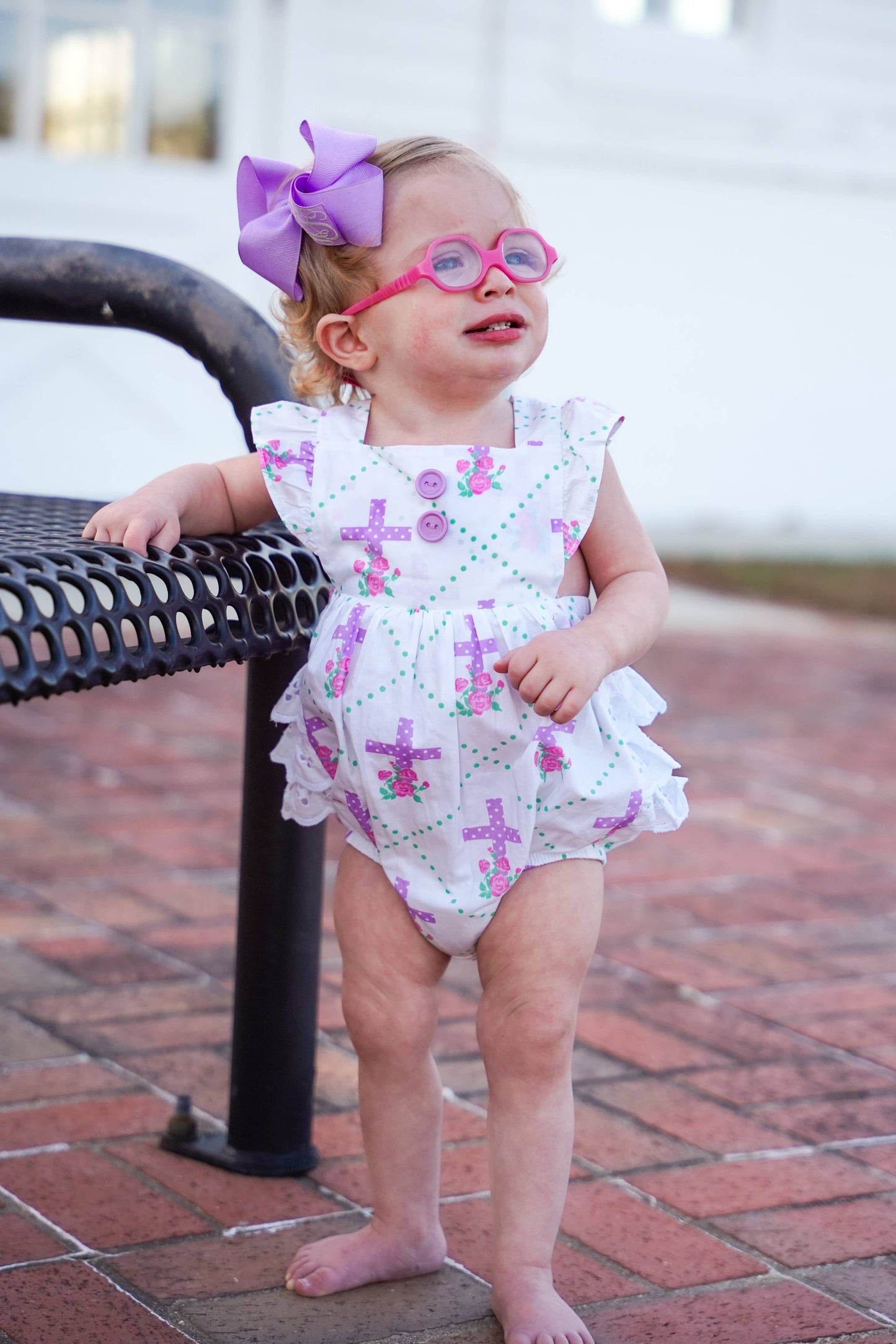 Grace Cross Print Eyelet Ruffled Bubble - Ethan and Emily