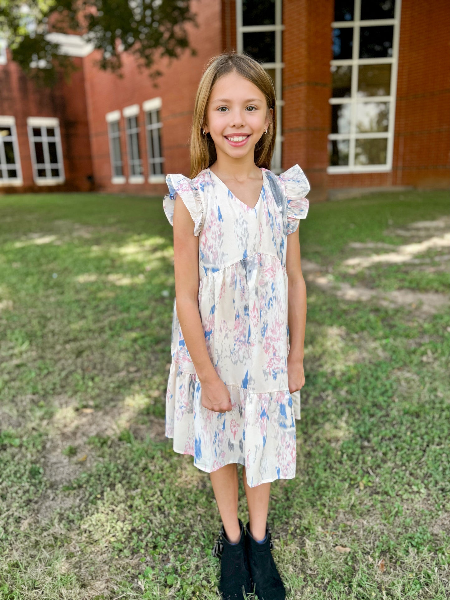 Girls Watercolor V Neck Tiered Ruffled Dress - Ethan and Emily