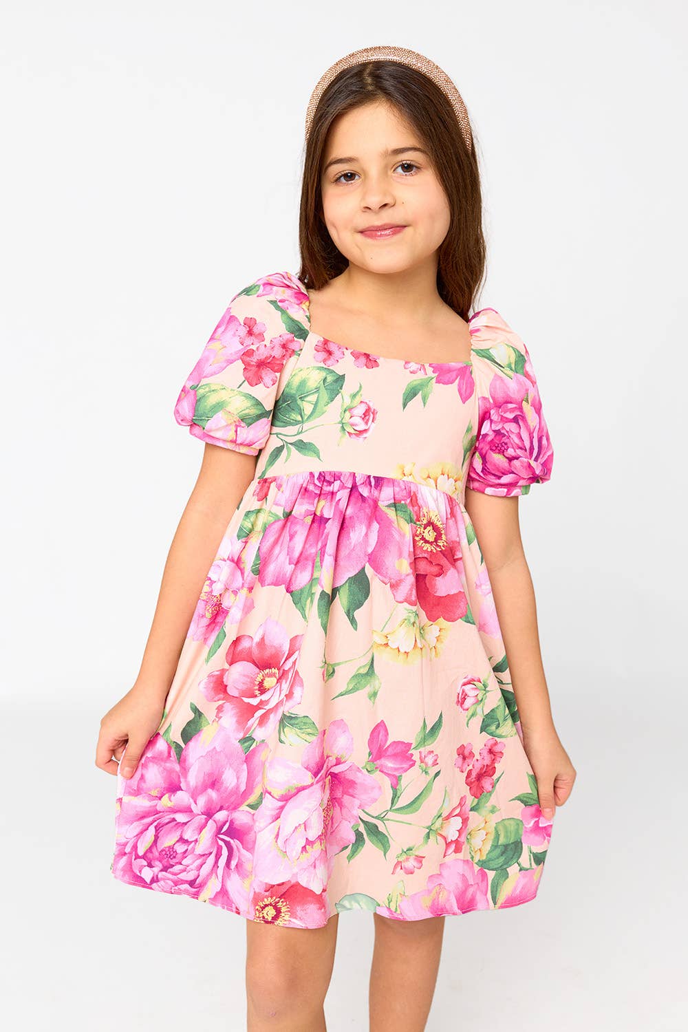 Kennedy Explorer Pink Floral Puff Sleeve Girls Dress - Ethan and Emily