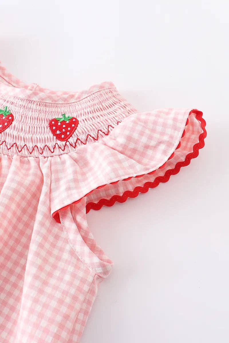 Girls Strawberry Embroidered Plaid Smocked Dress