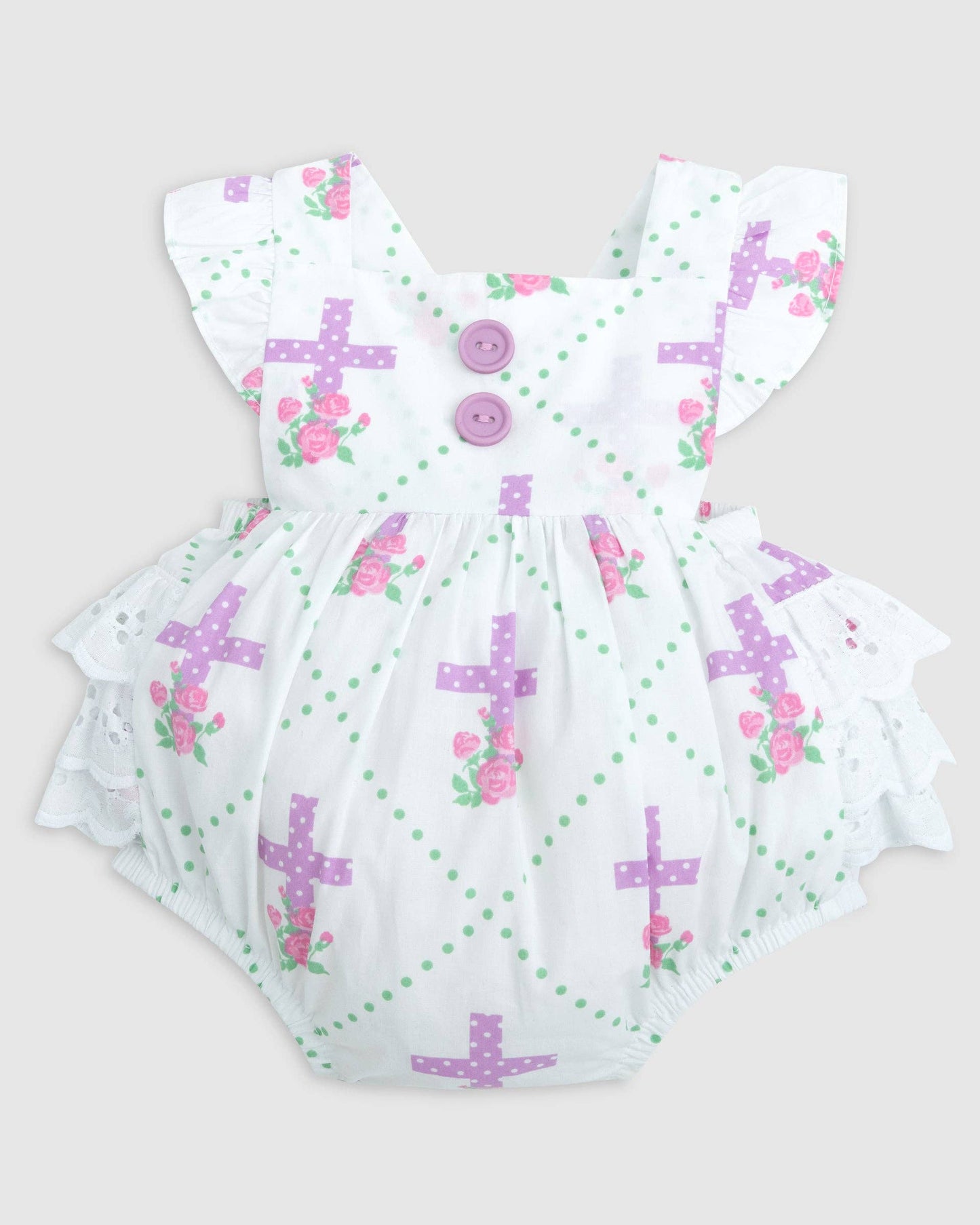 Grace Cross Print Eyelet Ruffled Bubble - Ethan and Emily