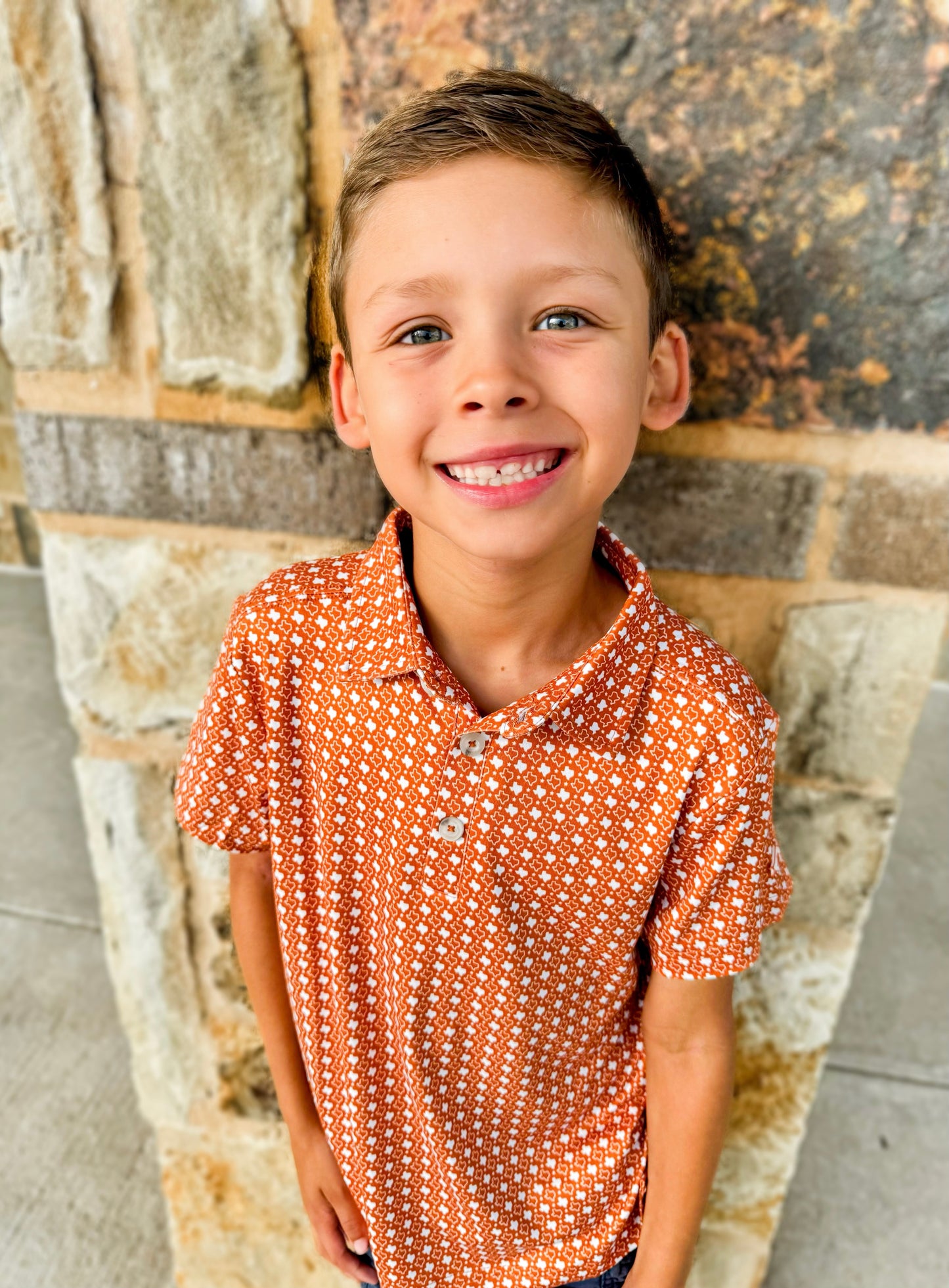 Burlebo Boys orange Texas polo - Ethan and Emily