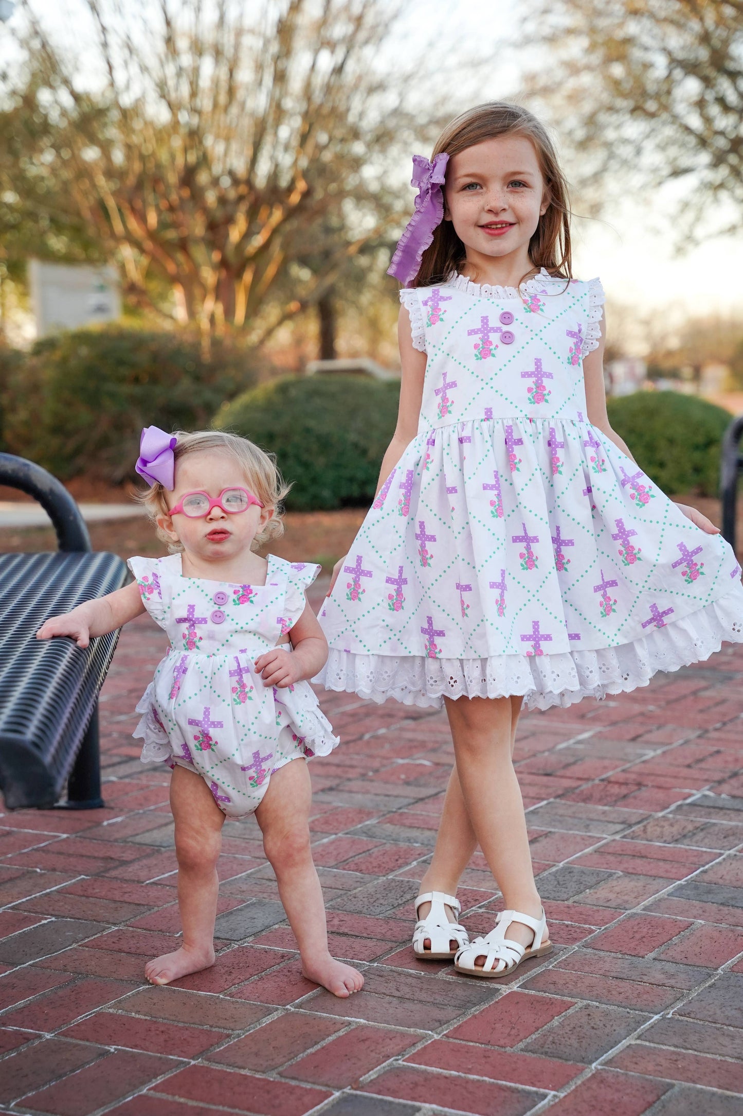 Grace Cross Print Eyelet Ruffled Bubble - Ethan and Emily