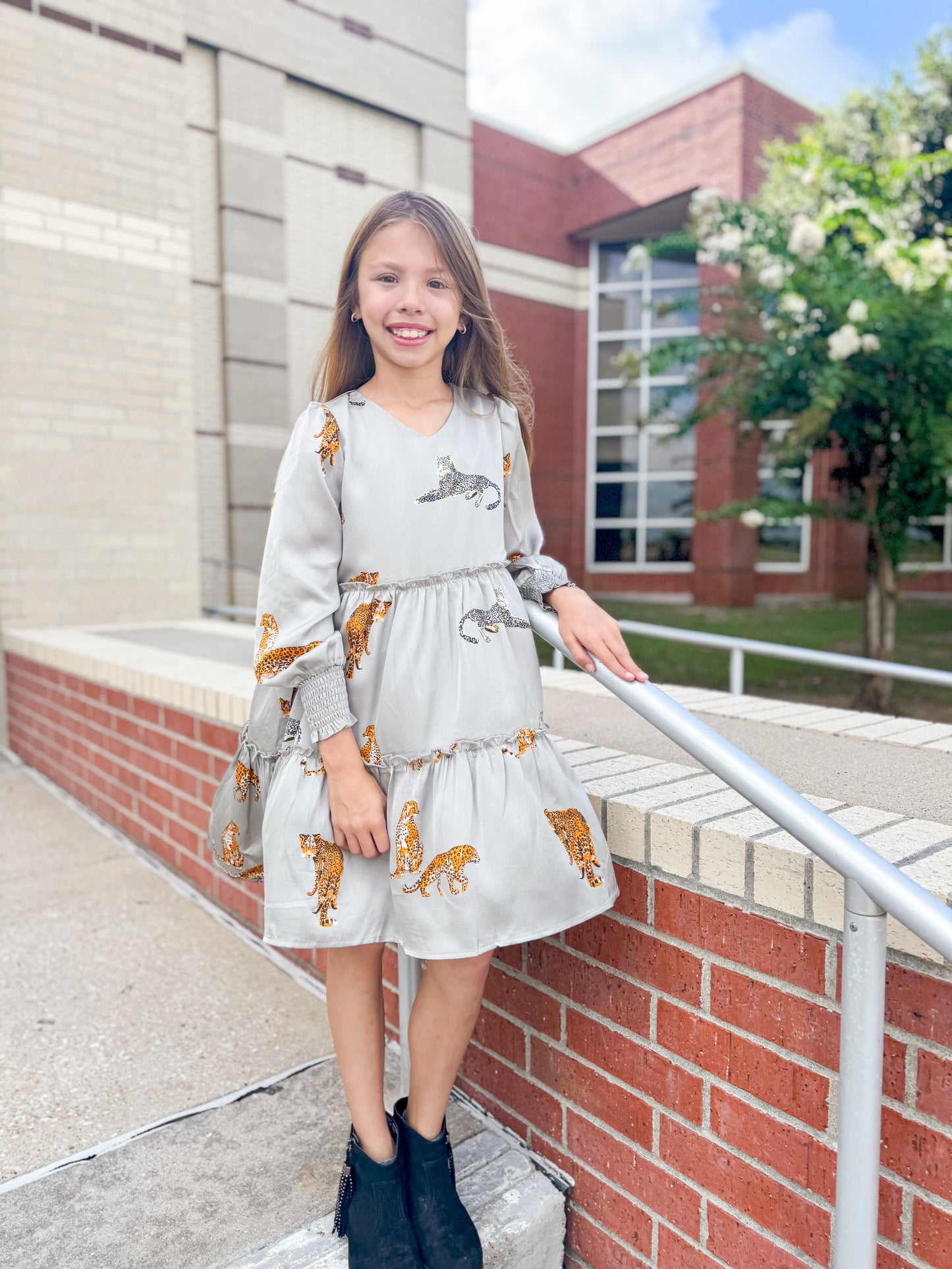 Girls Leopard Printed Smocked Cuff V Neck Satin Dress - Ethan and Emily