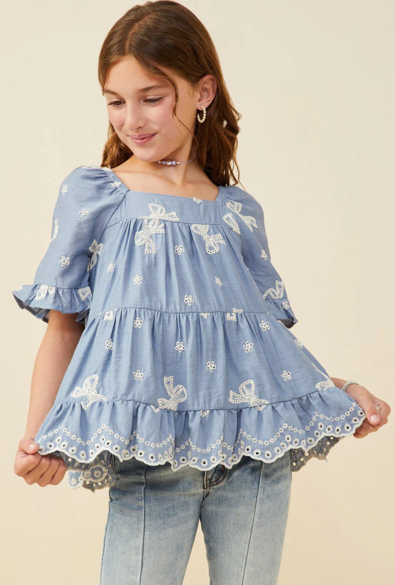 Girls embroidered bow top