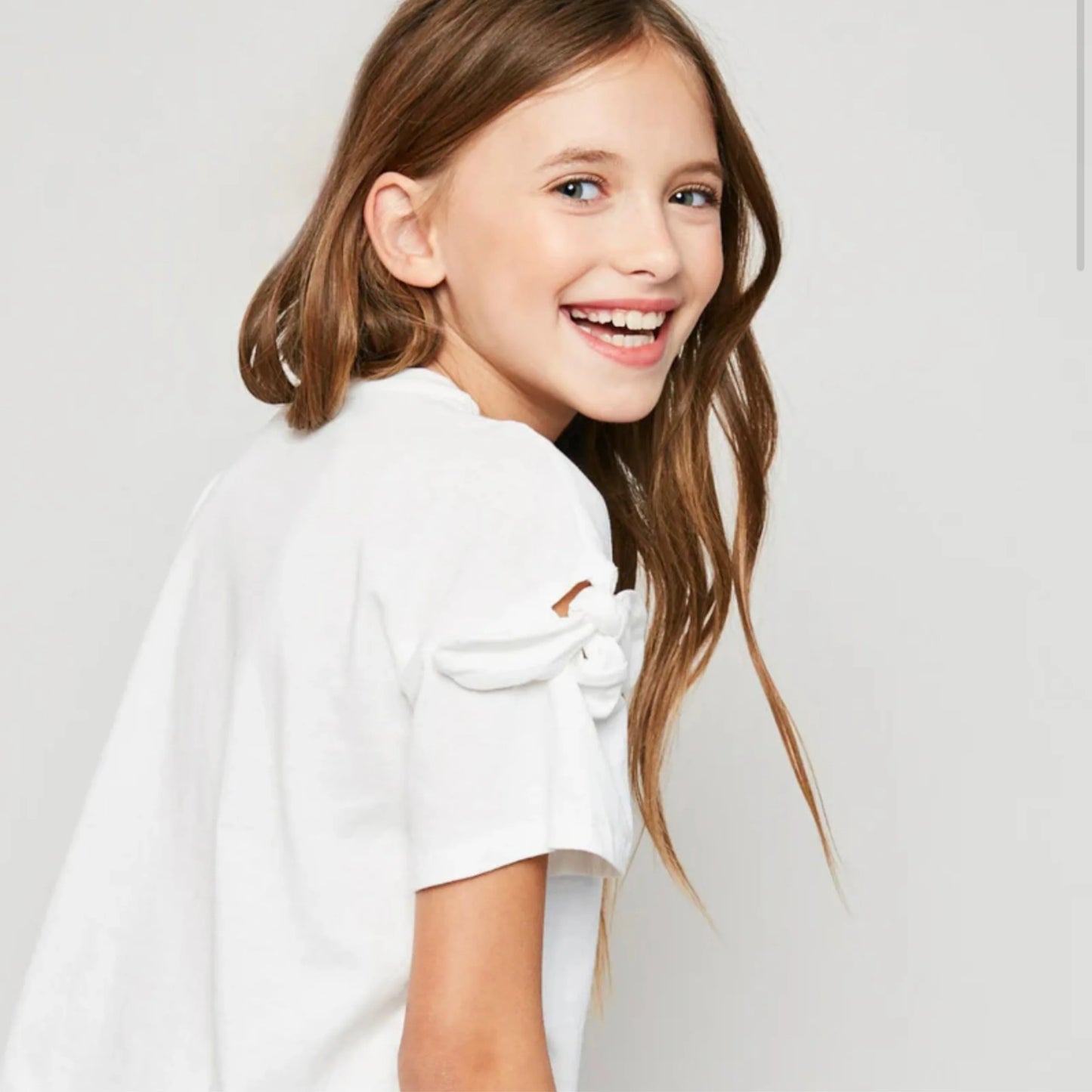 Girls Bow Sleeve Shirt (White) - Ethan and Emily