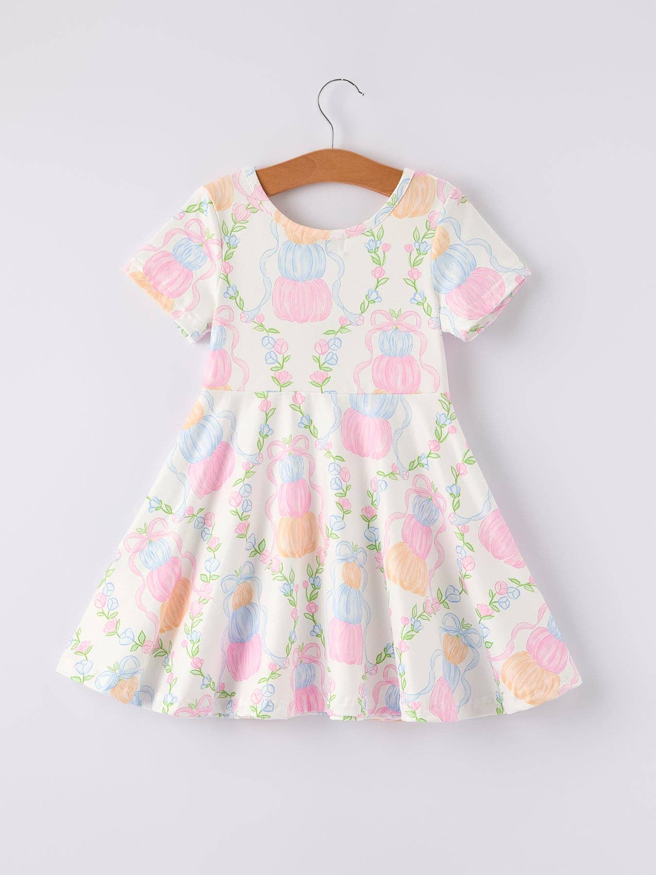 Pastel Pumpkin Bow Print Girls Dress