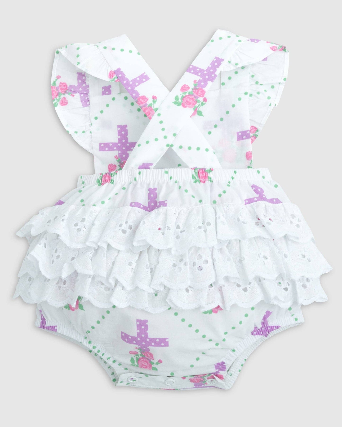 Grace Cross Print Eyelet Ruffled Bubble - Ethan and Emily