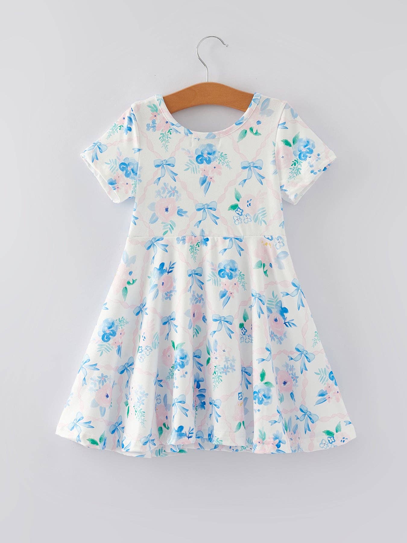 Blue Bow Floral Print Girls Dress - Ethan and Emily