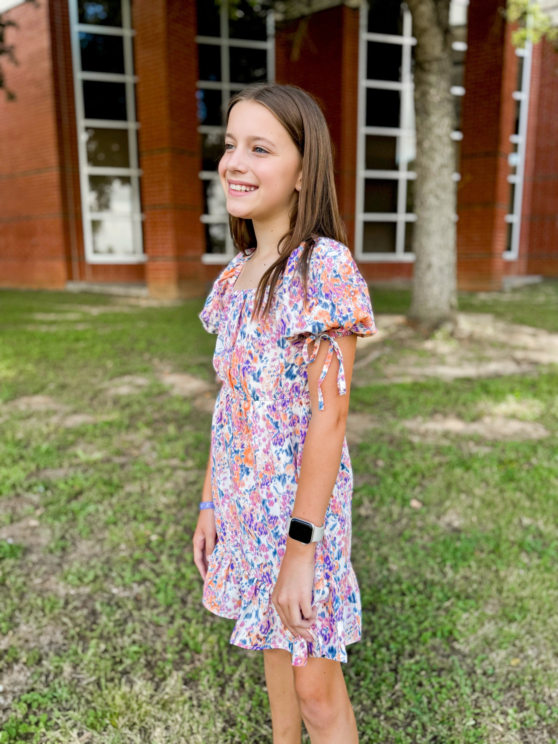 Girls Floral Cinch Waist Smocked Back Dress - Ethan and Emily