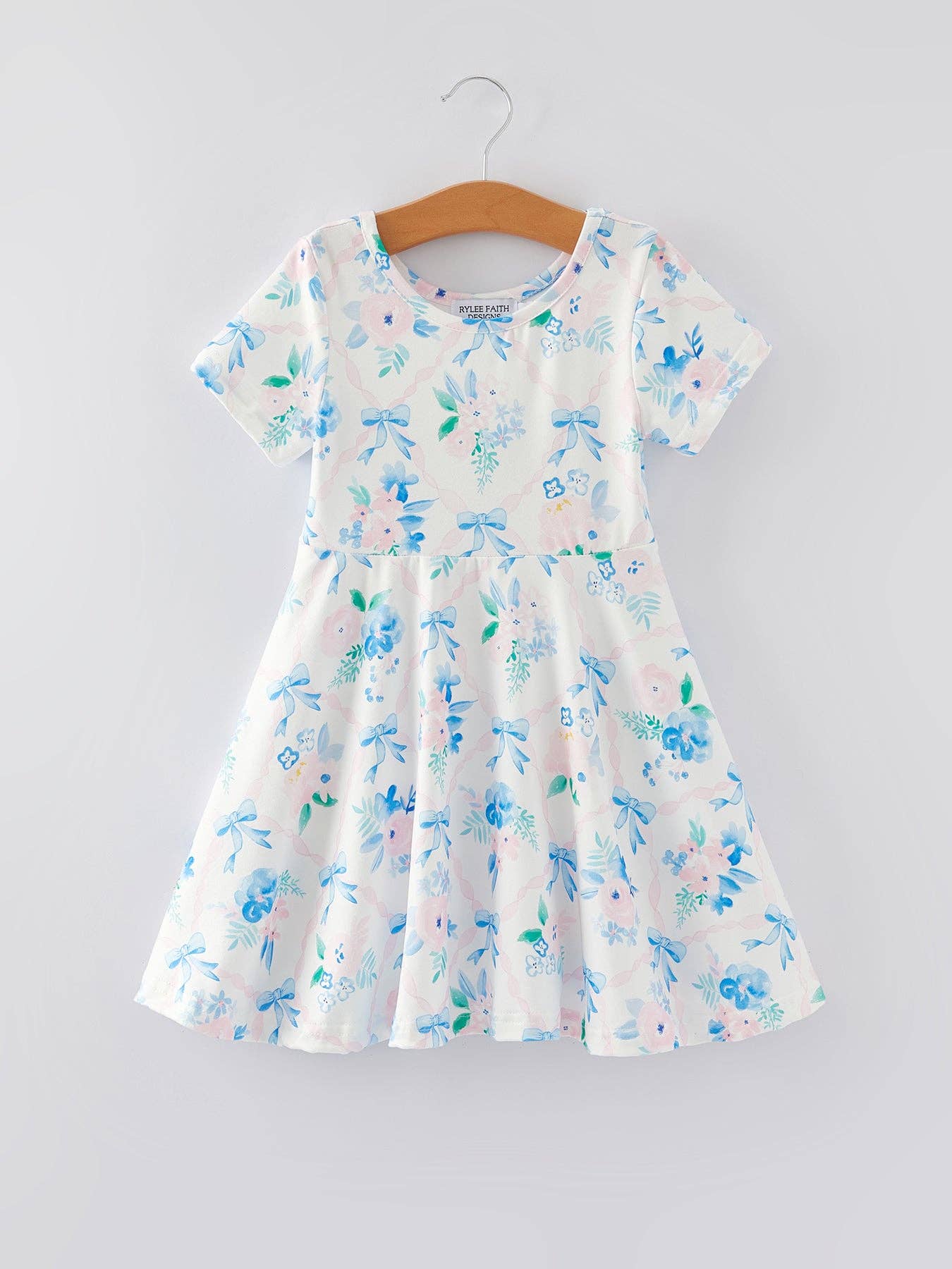 Blue Bow Floral Print Girls Dress - Ethan and Emily