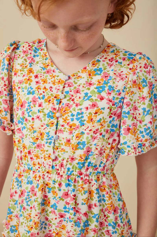 Girls Ditsy Floral Ruffle Tiered Button Dress