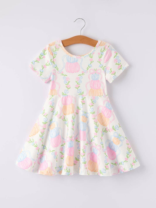Pastel Pumpkin Bow Print Girls Dress