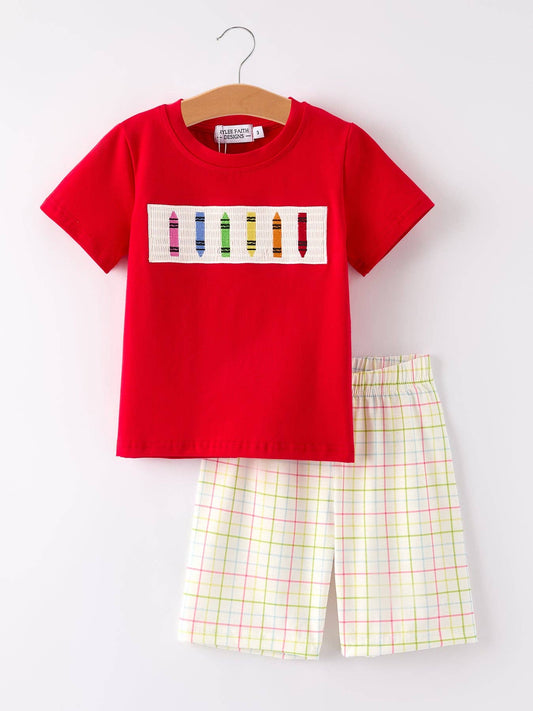 Boys Back to School Crayon Smock Embroidered Plaid Set