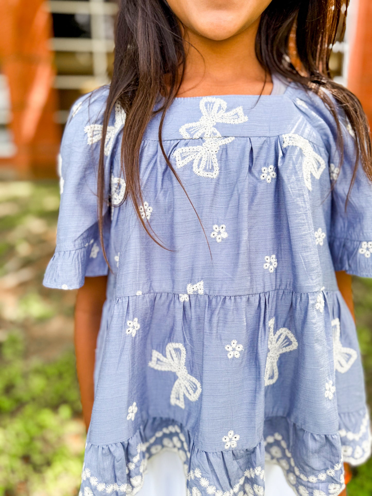 Girls embroidered bow top
