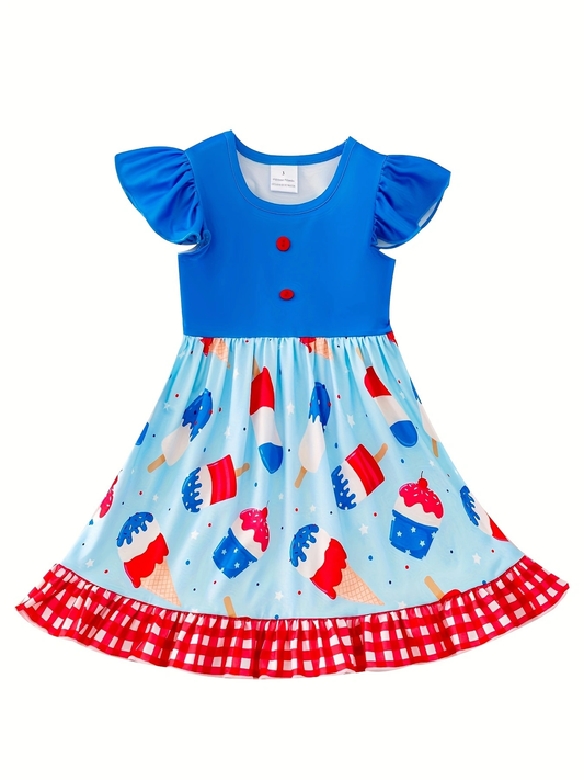 Independence Day Ice Cream Print Girls Ruffle Dress - Ethan and Emily