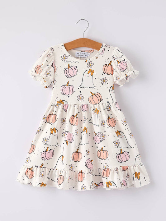 Neutral Pumpkin Ghost Print Girls Dress