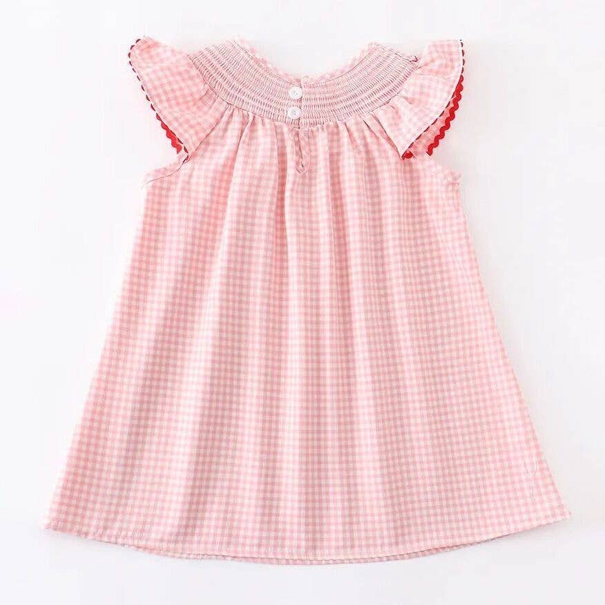 Girls Strawberry Embroidered Plaid Smocked Dress