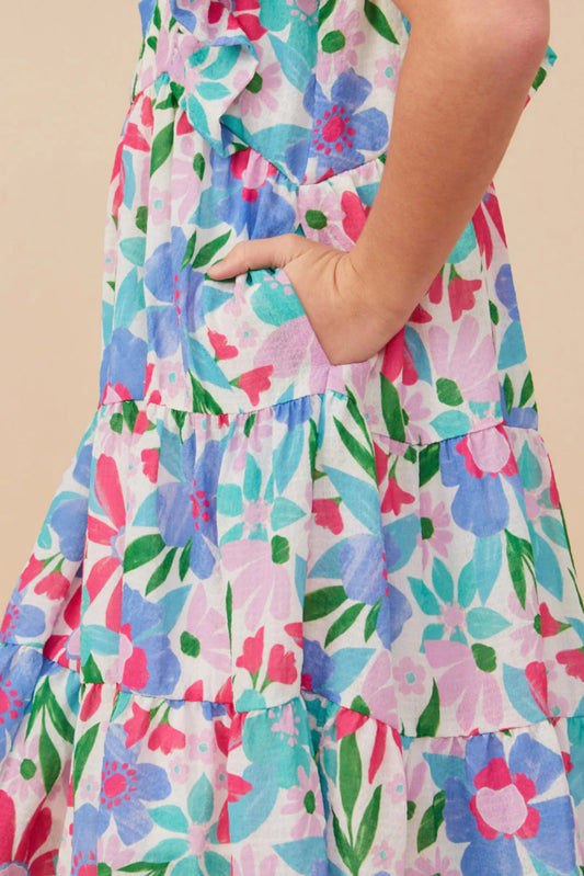 Girls Textured Floral Ruffle Sleeved Dress