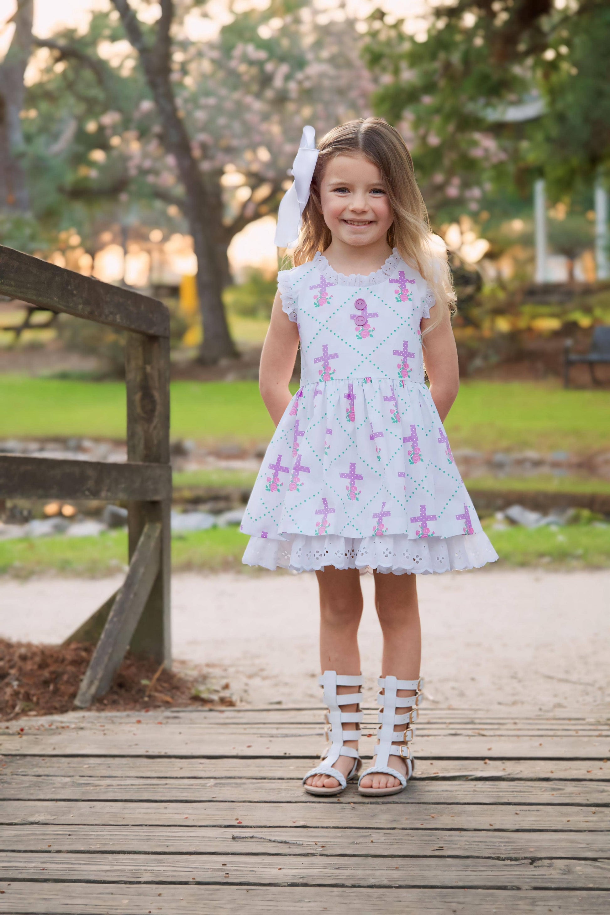 Grace Eyelet Trim Cross Printed Dress - Ethan and Emily