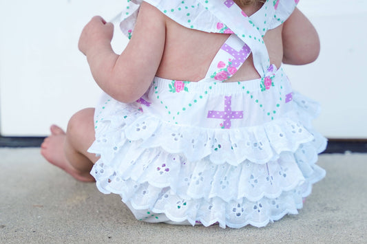 Grace Cross Print Eyelet Ruffled Bubble - Ethan and Emily