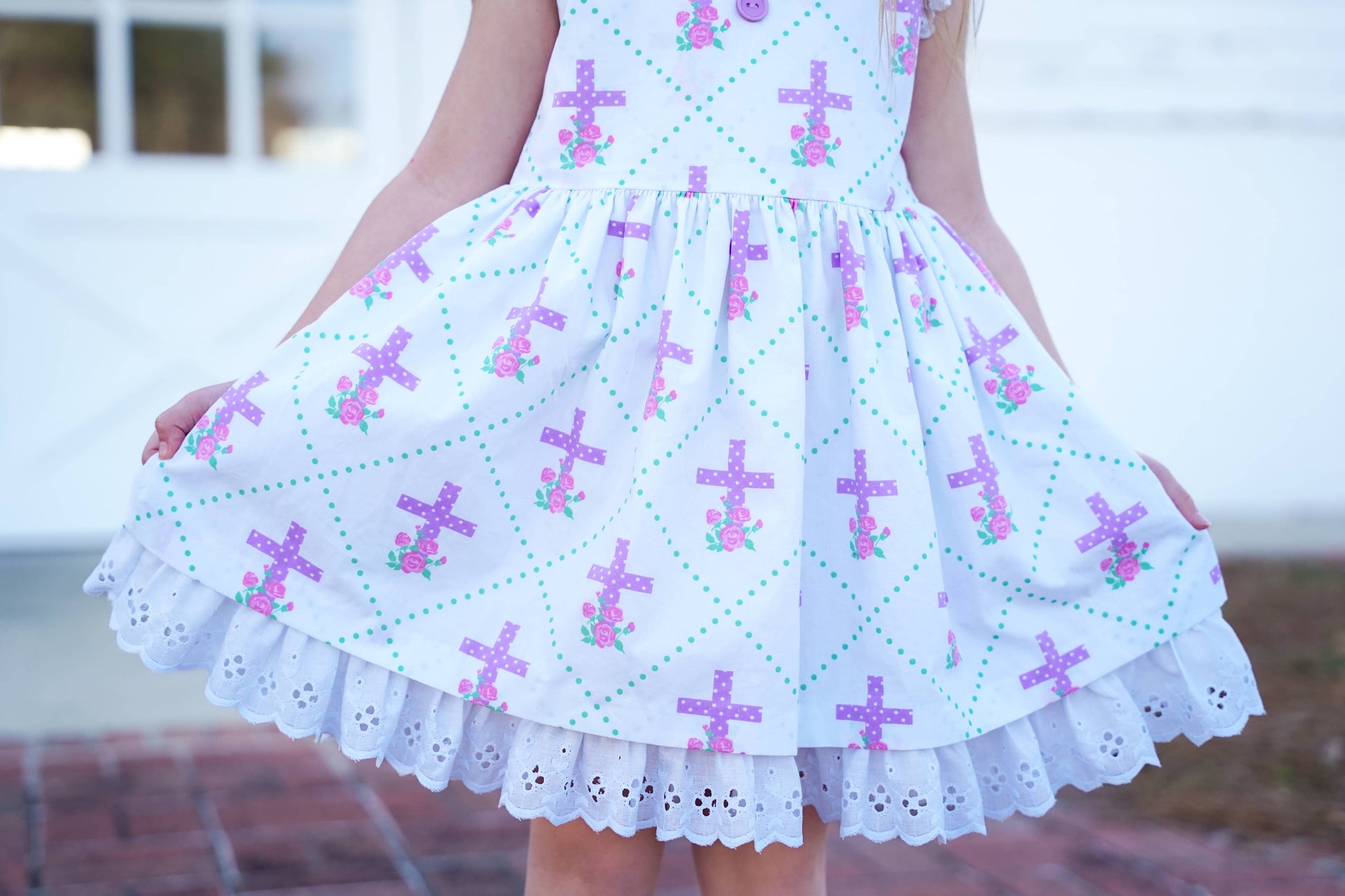 Grace Eyelet Trim Cross Printed Dress - Ethan and Emily