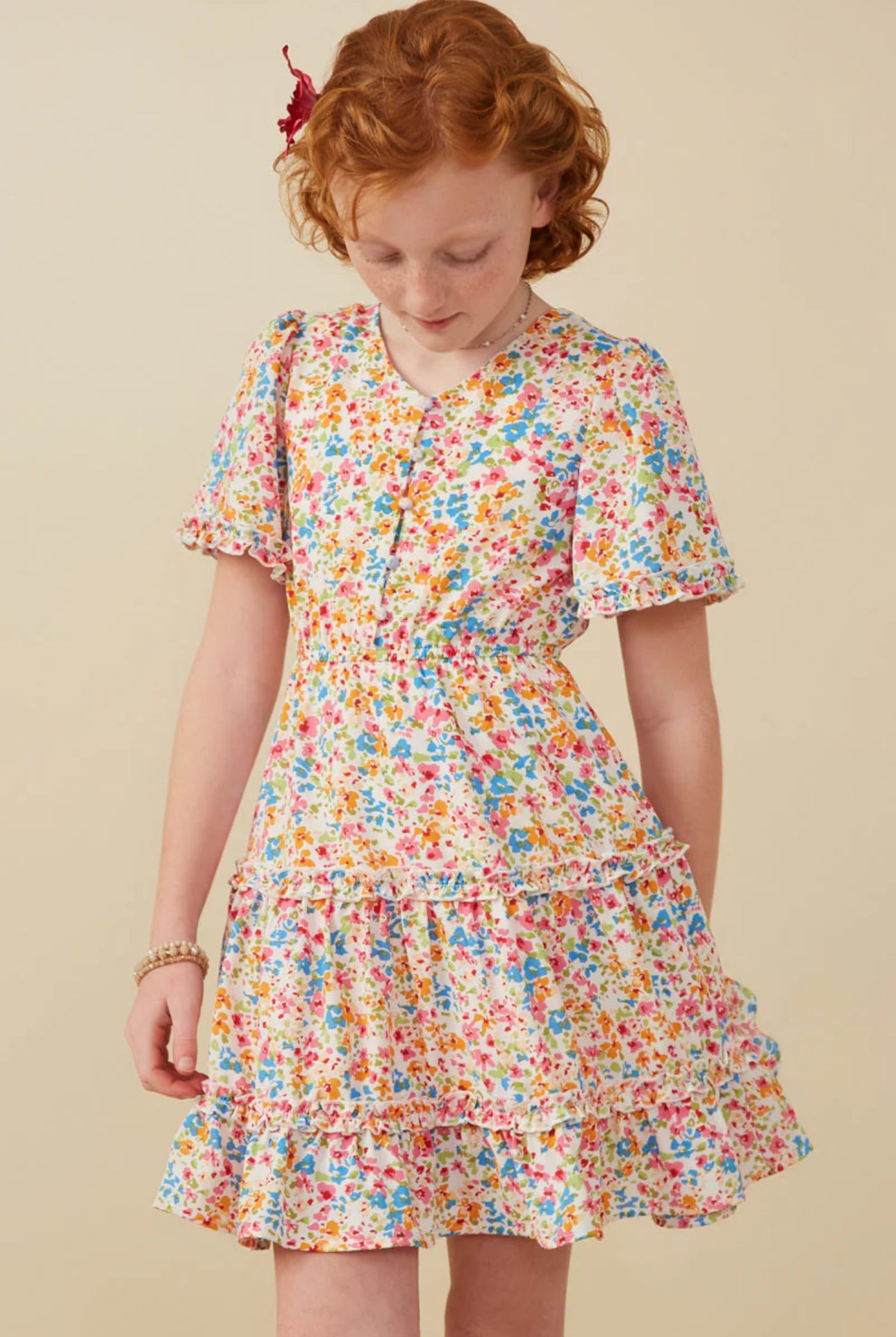 Girls Ditsy Floral Ruffle Tiered Button Dress