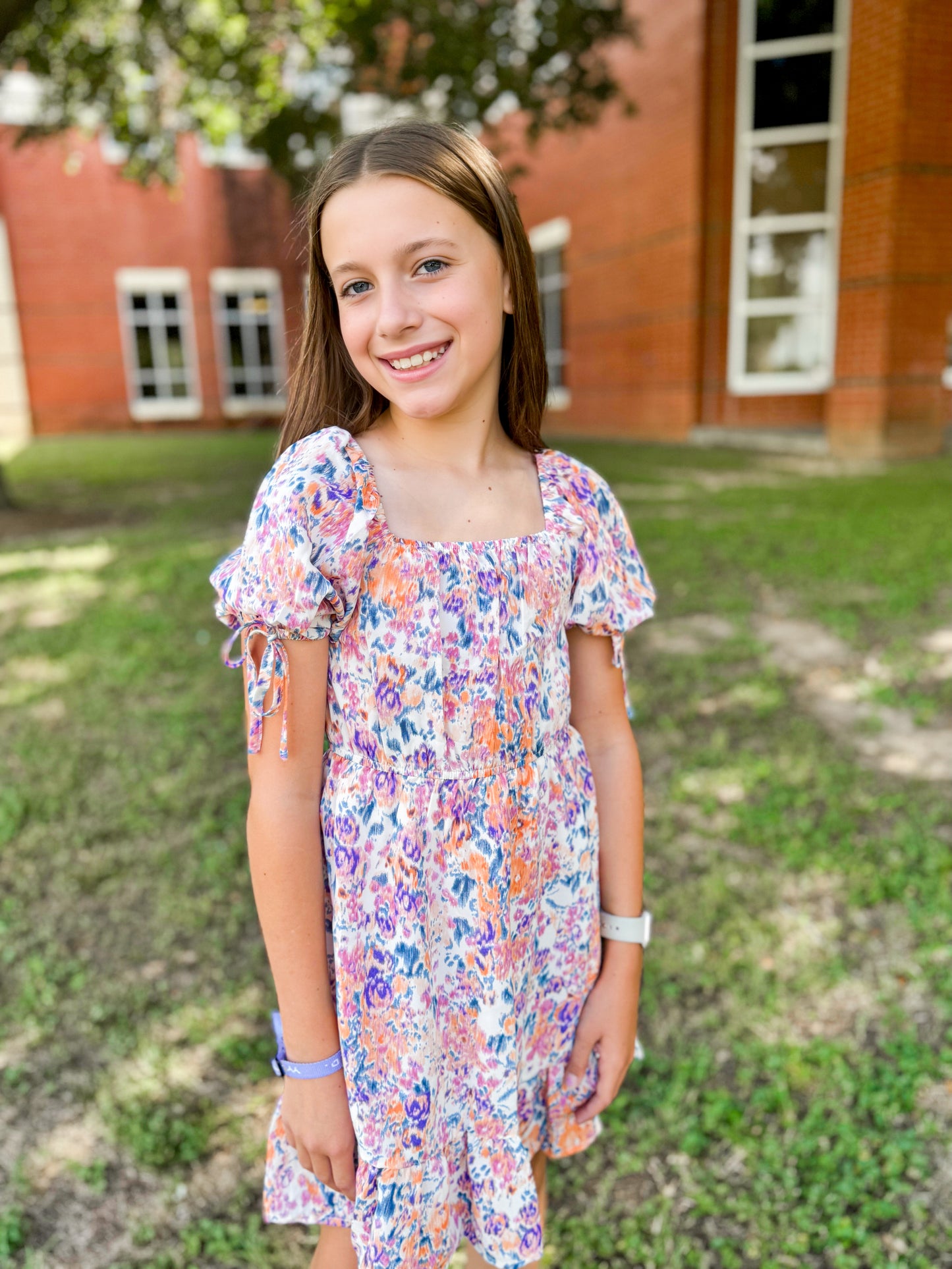 Girls Floral Cinch Waist Smocked Back Dress - Ethan and Emily