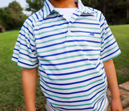 Blue Striped Performance Polo - Ethan and Emily