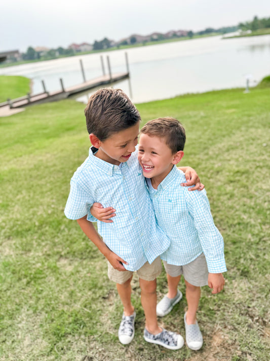 Lagoon Blue Windowpane Button Down - Ethan and Emily