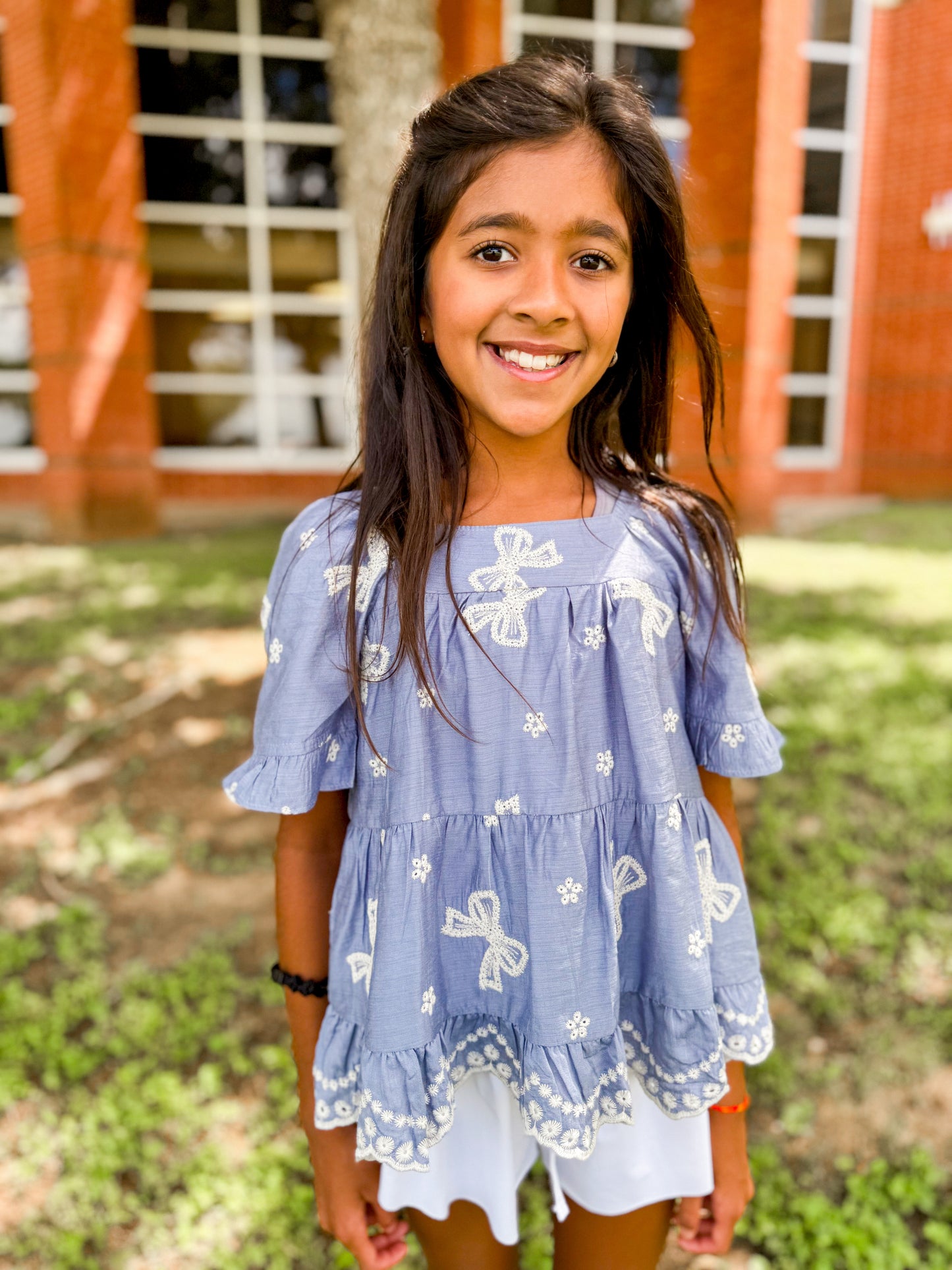 Girls embroidered bow top
