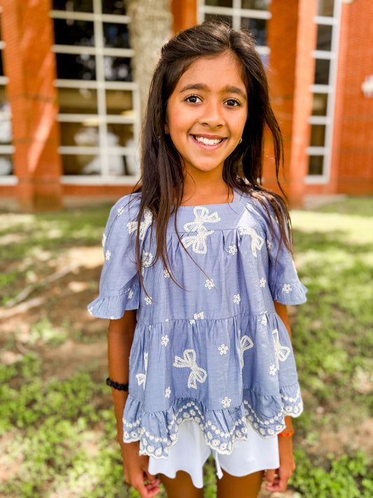 Girls embroidered bow top