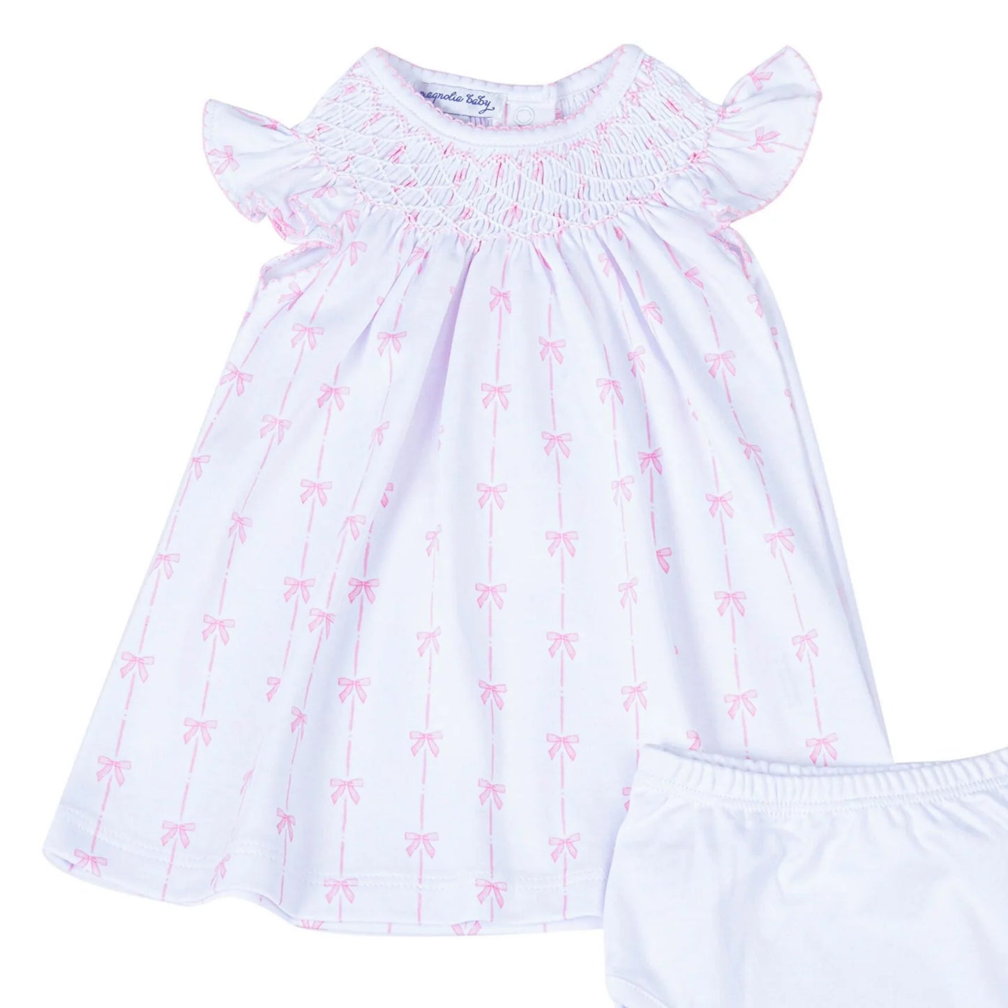 Magnolia Baby Amelia’s Classic Bishop Dress – Pink Bow Print | Classic Smocked Baby Dress