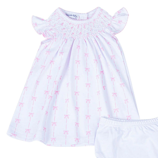 Magnolia Baby Amelia’s Classic Bishop Dress – Pink Bow Print | Classic Smocked Baby Dress