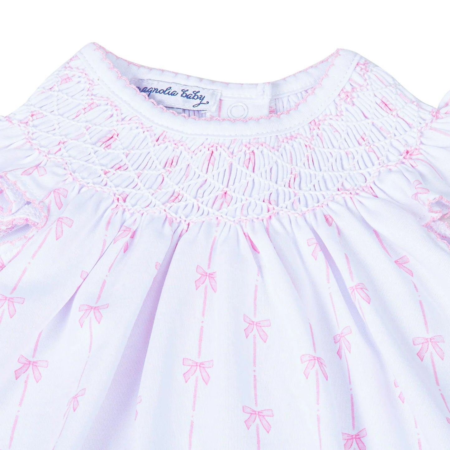 Magnolia Baby Amelia’s Classic Bishop Dress – Pink Bow Print | Classic Smocked Baby Dress