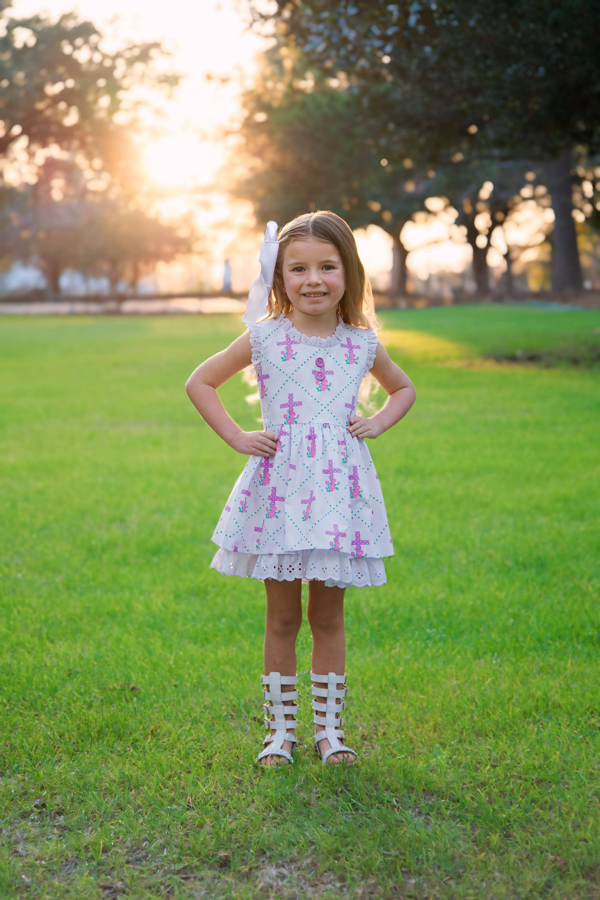 Grace Eyelet Trim Cross Printed Dress - Ethan and Emily