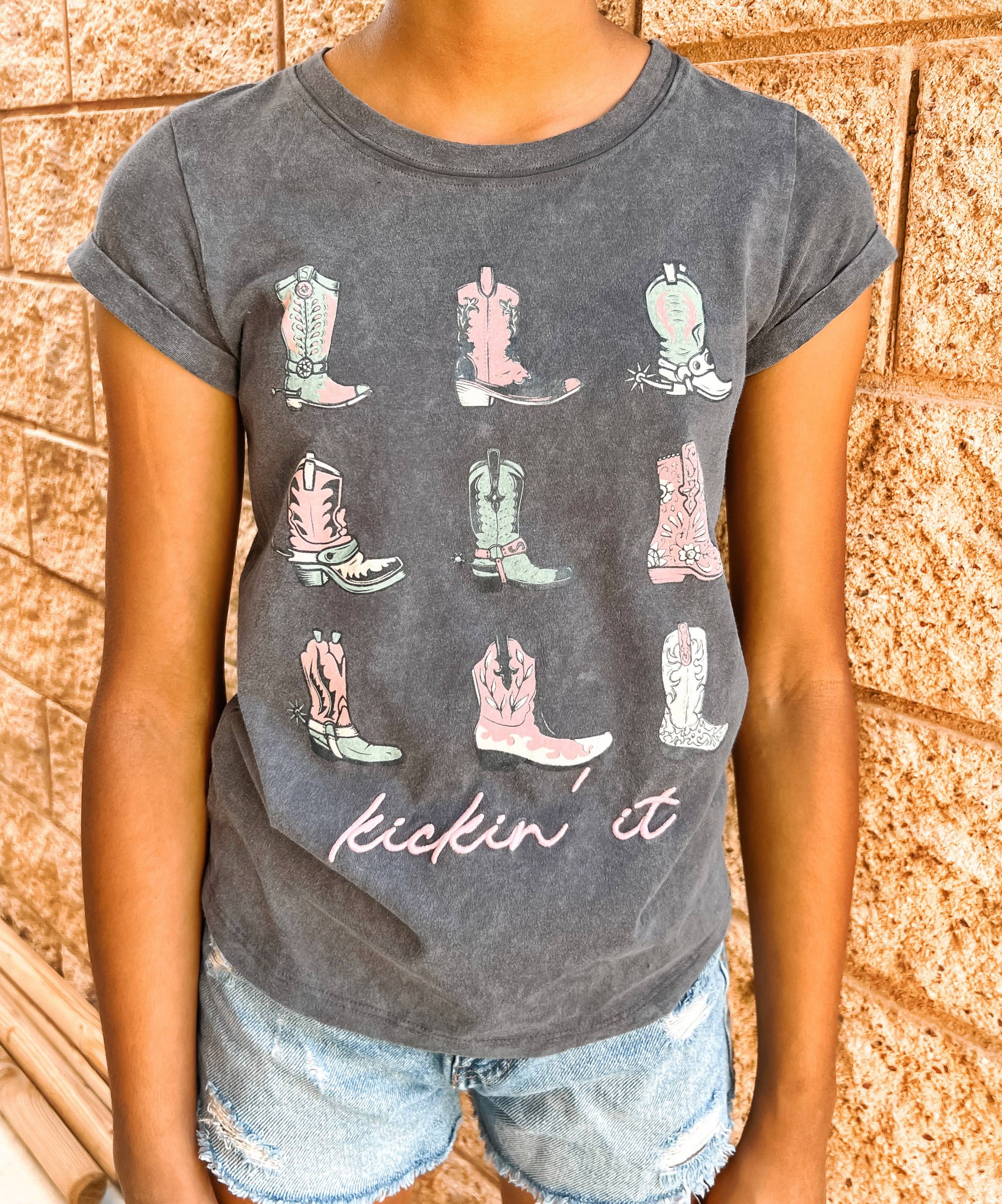 Kickin It cowboy boot tween embroidery  tee - Ethan and Emily