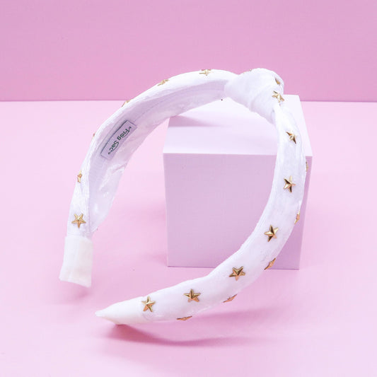 Kids Knot Headband - White Star Stud Velvet Hair Accessories - Ethan and Emily