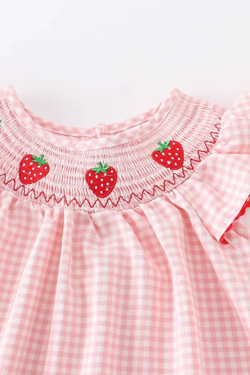 Girls Strawberry Embroidered Plaid Smocked Dress